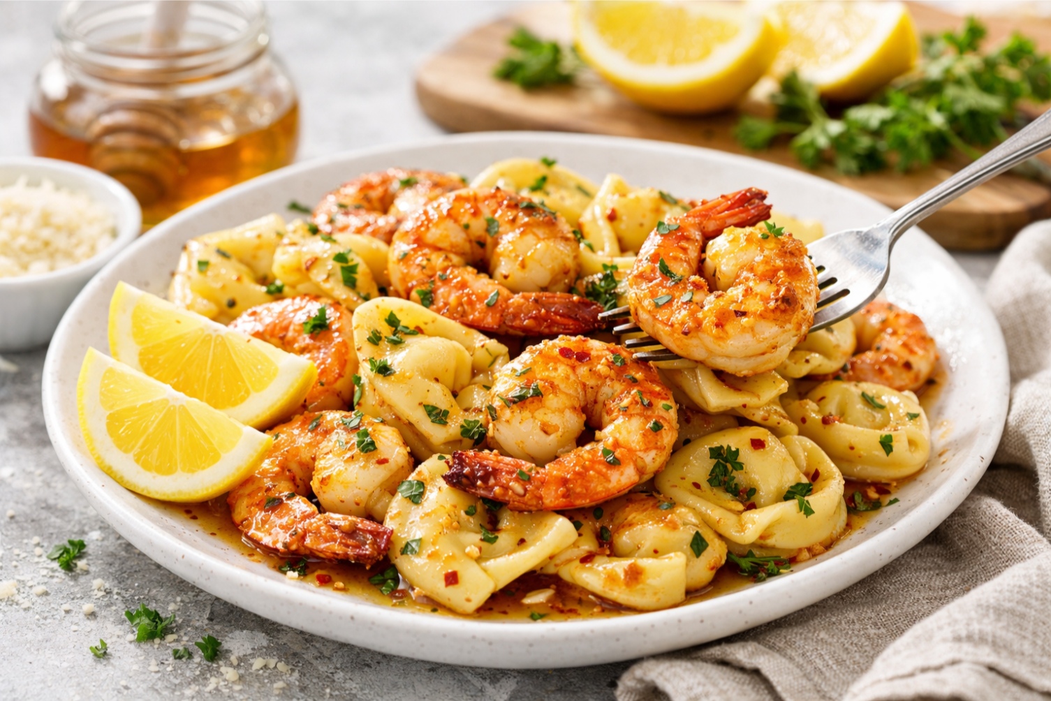 Honey garlic butter shrimp served with creamy Tortellini in a single Skillet, creating one of the easiest Pasta Dinner Recipes for weeknights. This flavorful dish fits perfectly among popular Tortellini Recipes and quick Abendessen Rezepte, inspired by rich flavors similar to Garlic Steak and juicy Steak Bites, making it a delicious homemade Tortellini Rezept idea.