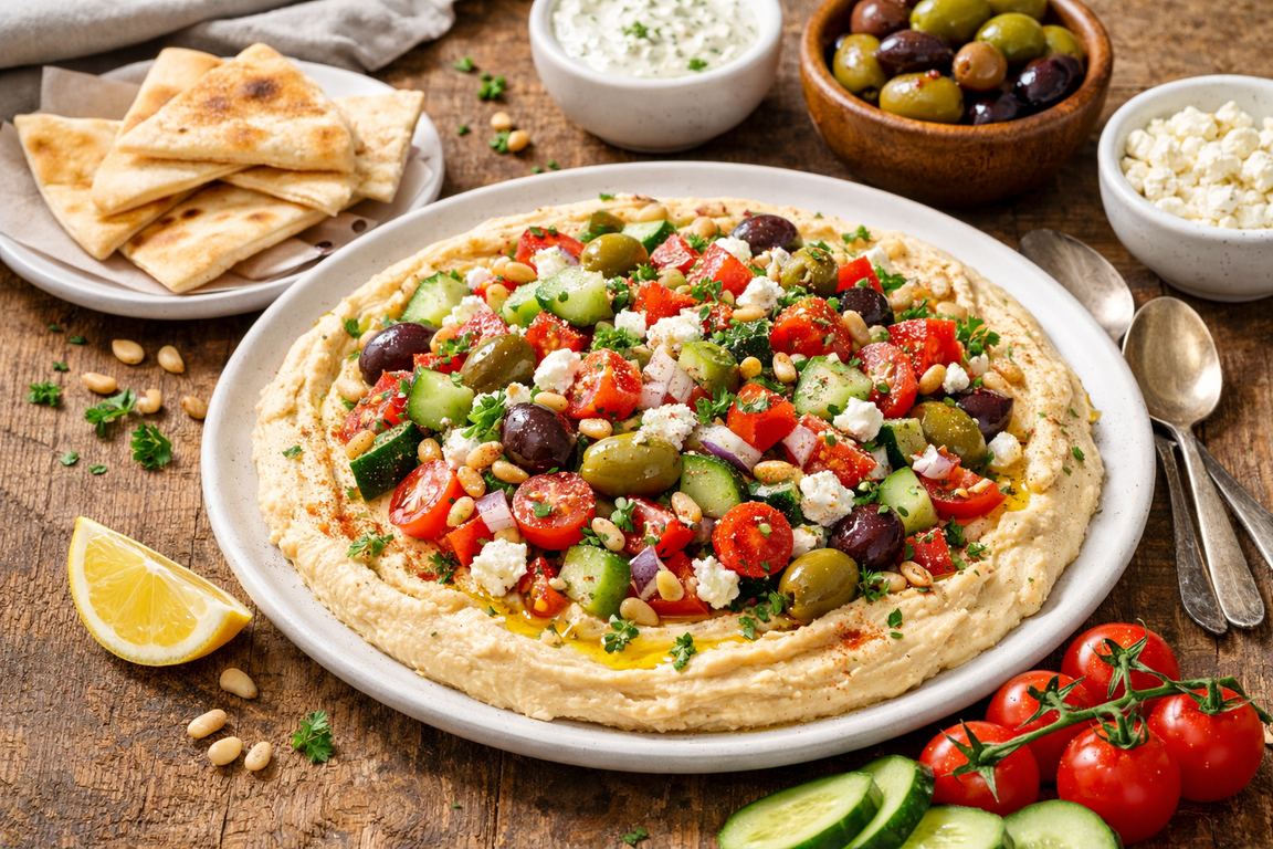 Overhead photo of creamy loaded hummus topped with cucumbers, tomatoes, feta, olives, and herbs, styled as a Greek Salad Hummus Board on a Mediterranean Platter With Hummus And Vegetables, showcasing an Herb Garnished Hummus Dish and Herb-flavored Hummus Dip inspired by Lebanese Fattet Hummus—a quick Hummus Recipe for Mediterranean Diet Recipes, Party Food Appetizers, and Food Platters.