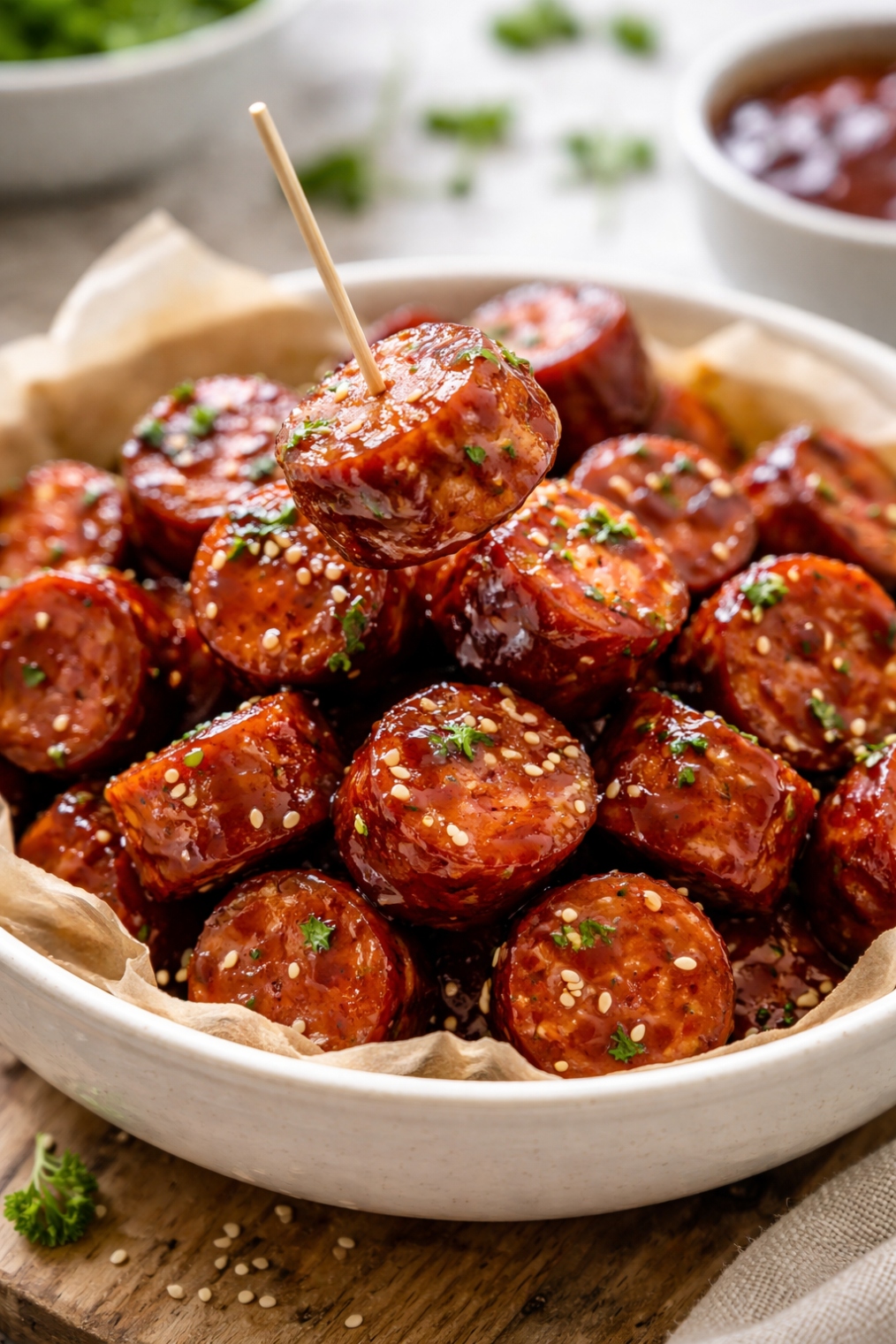 Close-up of glazed BBQ sausage bites served on a platter, perfect Easy To Make Party Food for gatherings. Ideal for Superbowl Themed Food, Grazing Snacks, and creative Diy Appetizers, this dish is among the best Super Bowl Party Food Ideas Easy to prepare. Great for Valentines Potluck Ideas Food Lunch, Bbq Party Sausage Ideas, and Birthday Party Finger Food Ideas, especially when you need Easy Cheap Party Food that looks and tastes amazing.