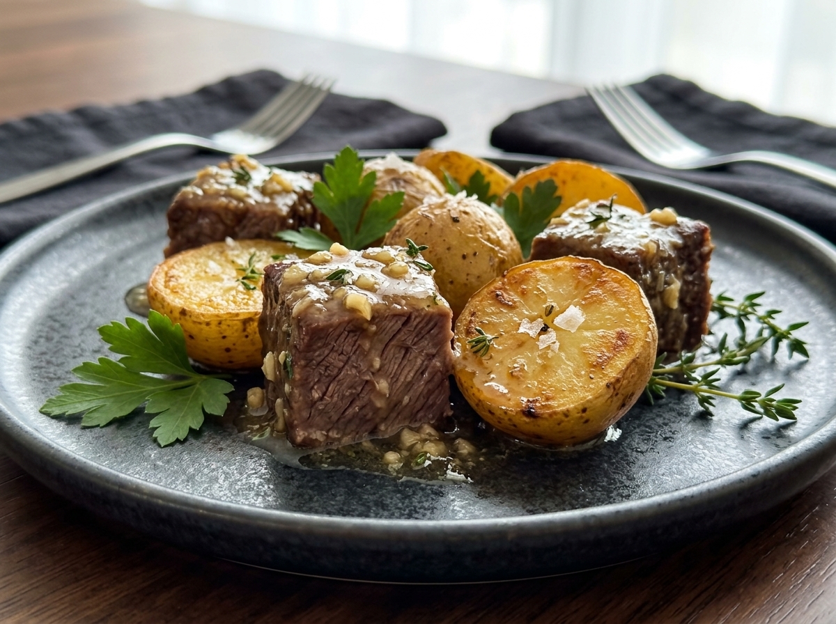 Slow cooker garlic butter beef with halved potatoes, parsley, and buttery sauce served warm on a platter.