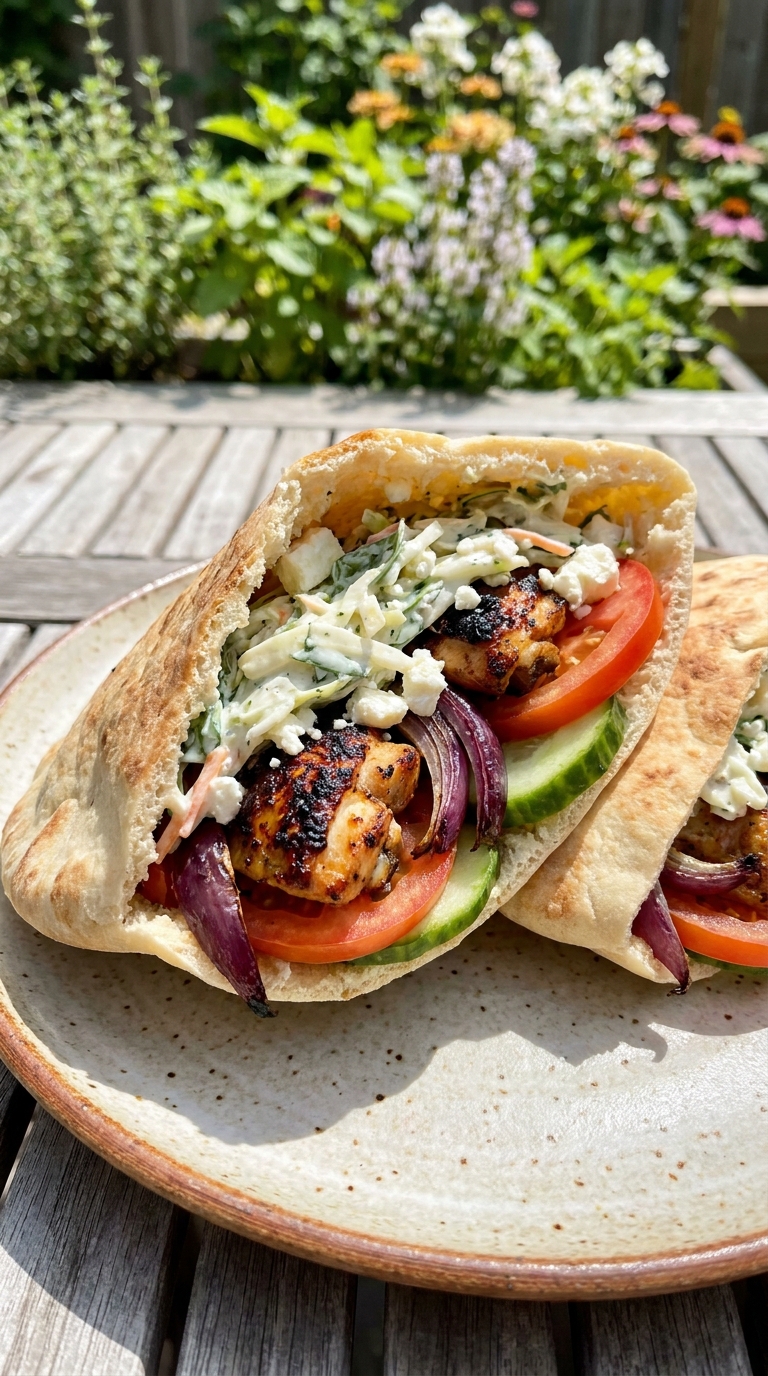 A plate of Sheet Pan Chicken Pitas With Herby Ranch Slaw filled with tender chicken and crisp slaw, perfect for Dinner Recipes American and Hearty Summer Meals. This bright Chicken Ranch Pita also fits Pita Lunch, Healthy Chicken Pita Recipes, Stuffed Pitas Recipes, a wholesome Healthy Chicken Pita, and an easy Chicken Pita Lunch.