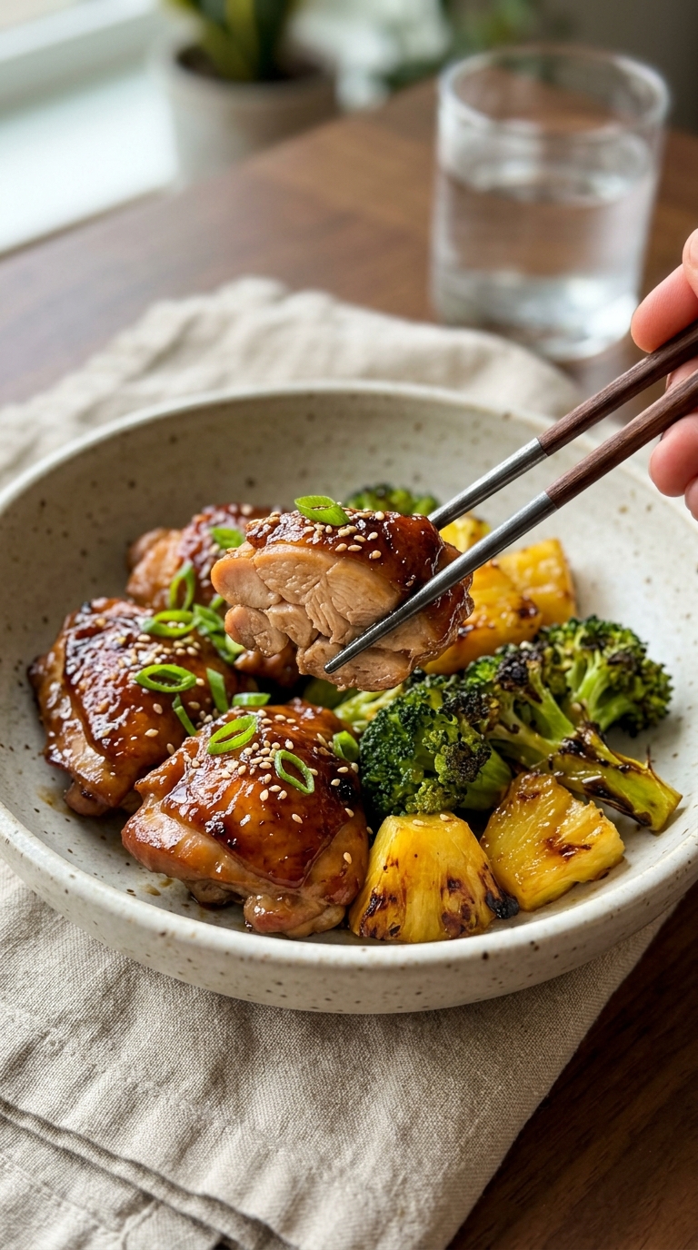 Sheet pan dinner with teriyaki chicken thighs, roasted broccoli, and pineapple chunks served hot from the oven.