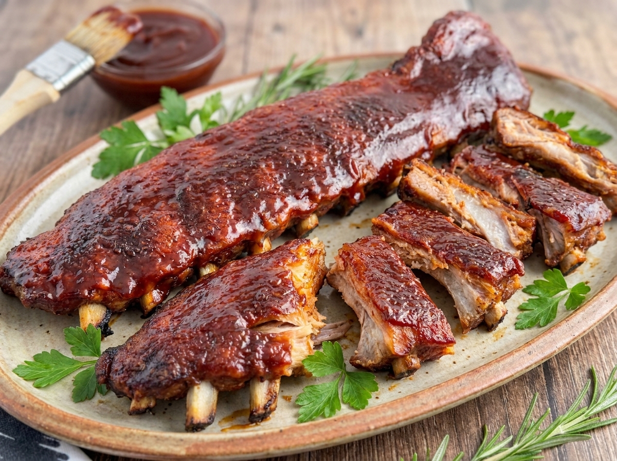 Close-up of oven-baked baby back ribs brushed with barbecue glaze and sliced on a cutting board