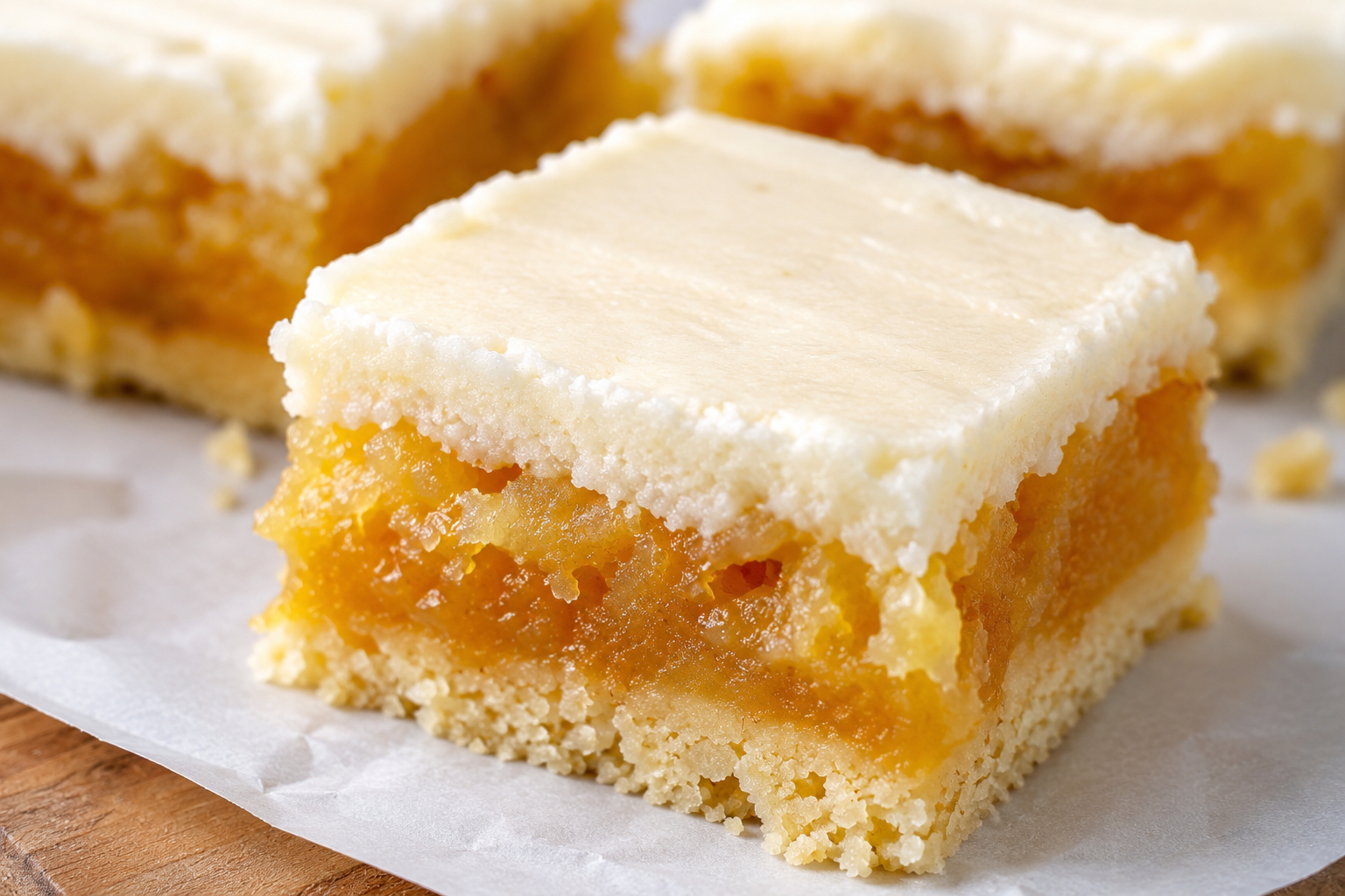 Iced pineapple dessert bars with a buttery shortbread crust and soft pineapple filling cut into squares.