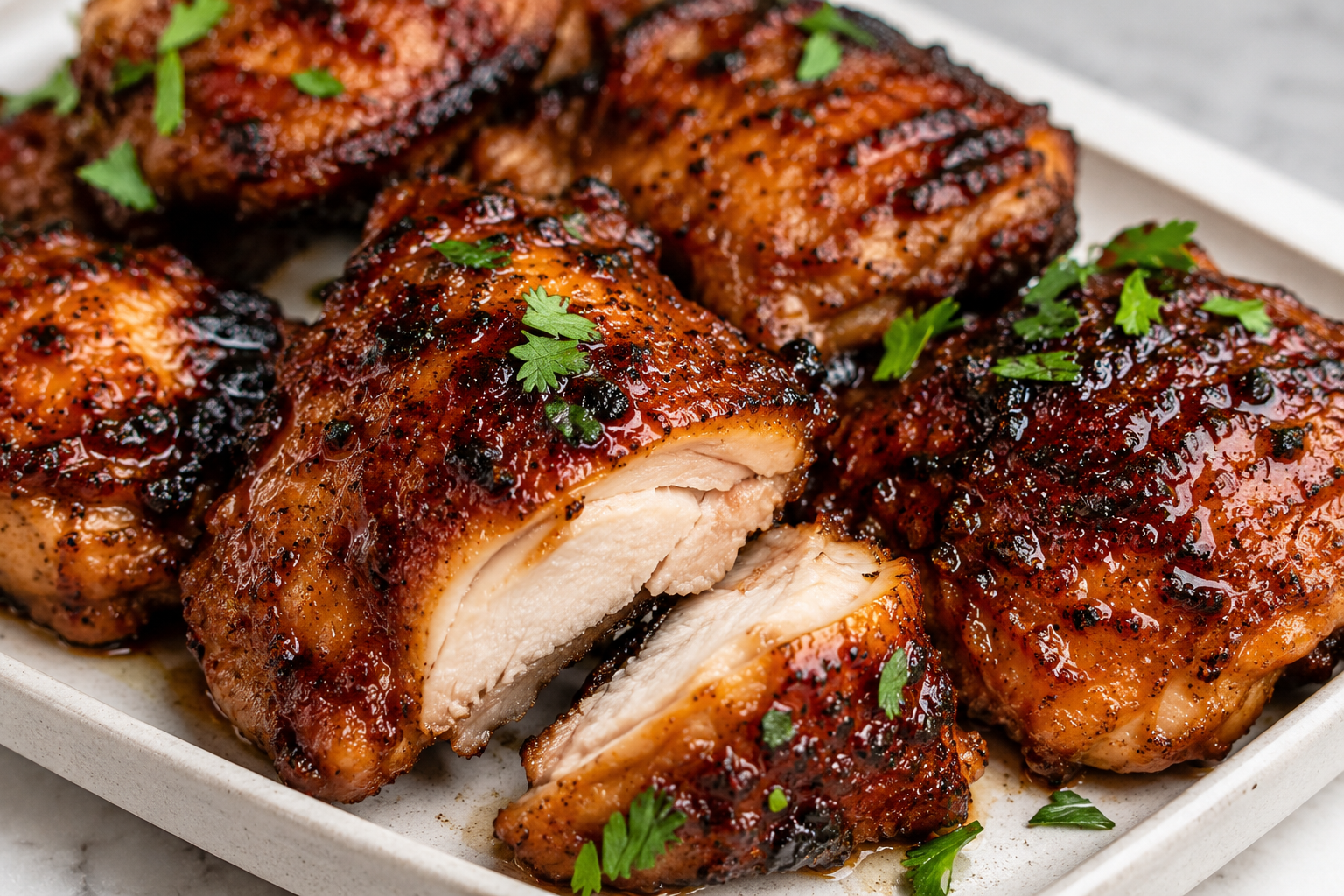 Oven baked BBQ chicken thighs with caramelized sauce and crispy edges served on a platter with summer sides.