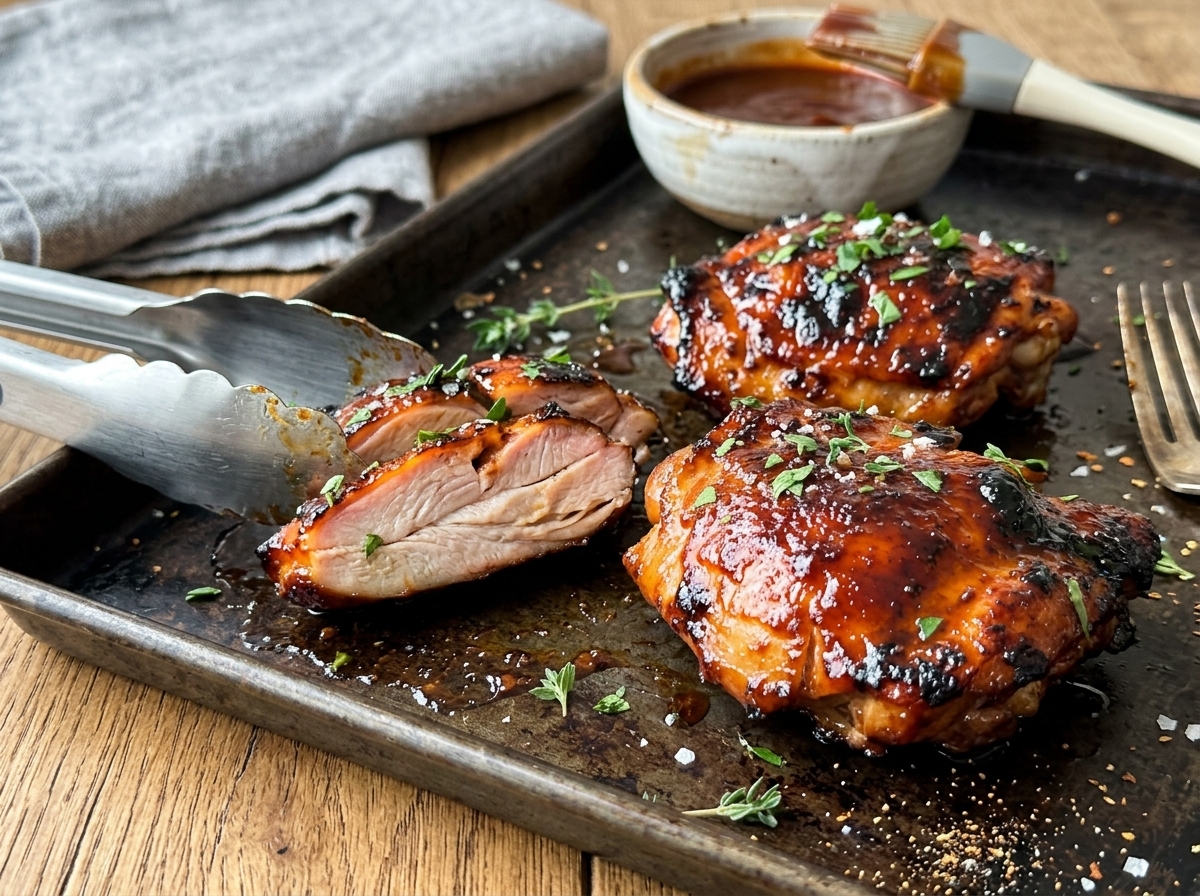 Boneless oven-baked BBQ chicken thighs with caramelized edges on a white platter, topped with chopped parsley