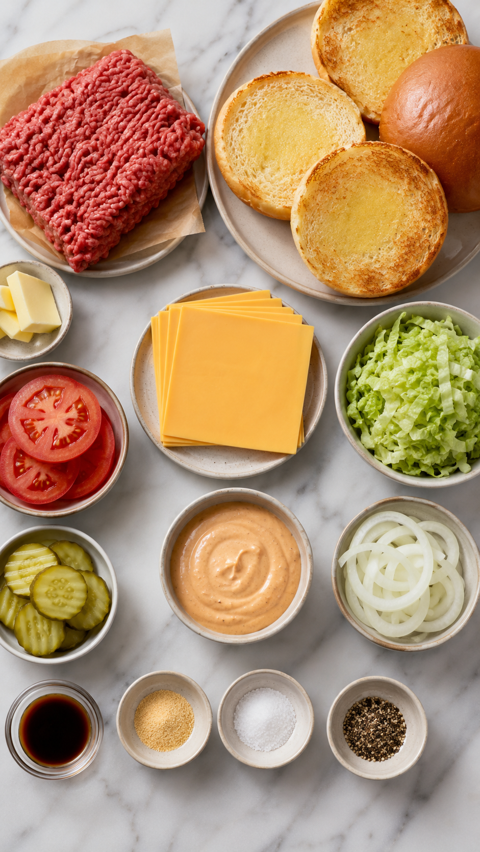 Double smash burger with melted American cheese, lettuce, tomato, pickles, onion, and sauce on a toasted bun.