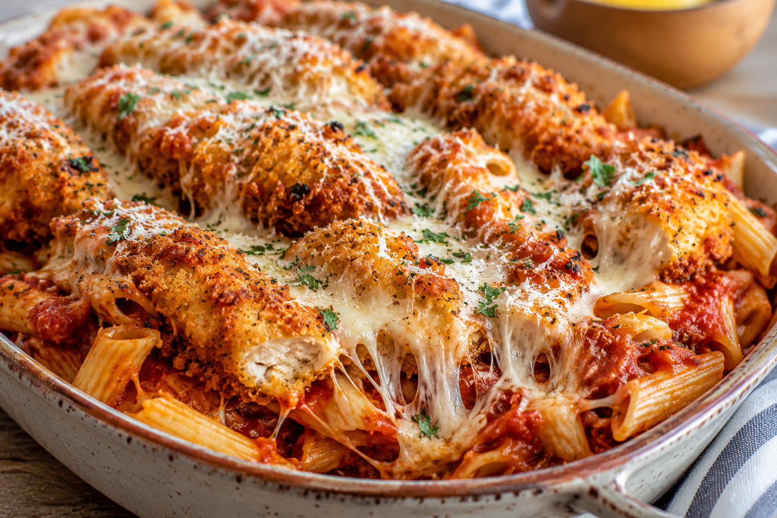 A baked chicken Parmesan casserole with rigatoni, marinara sauce, crispy chicken pieces, and melted mozzarella on top