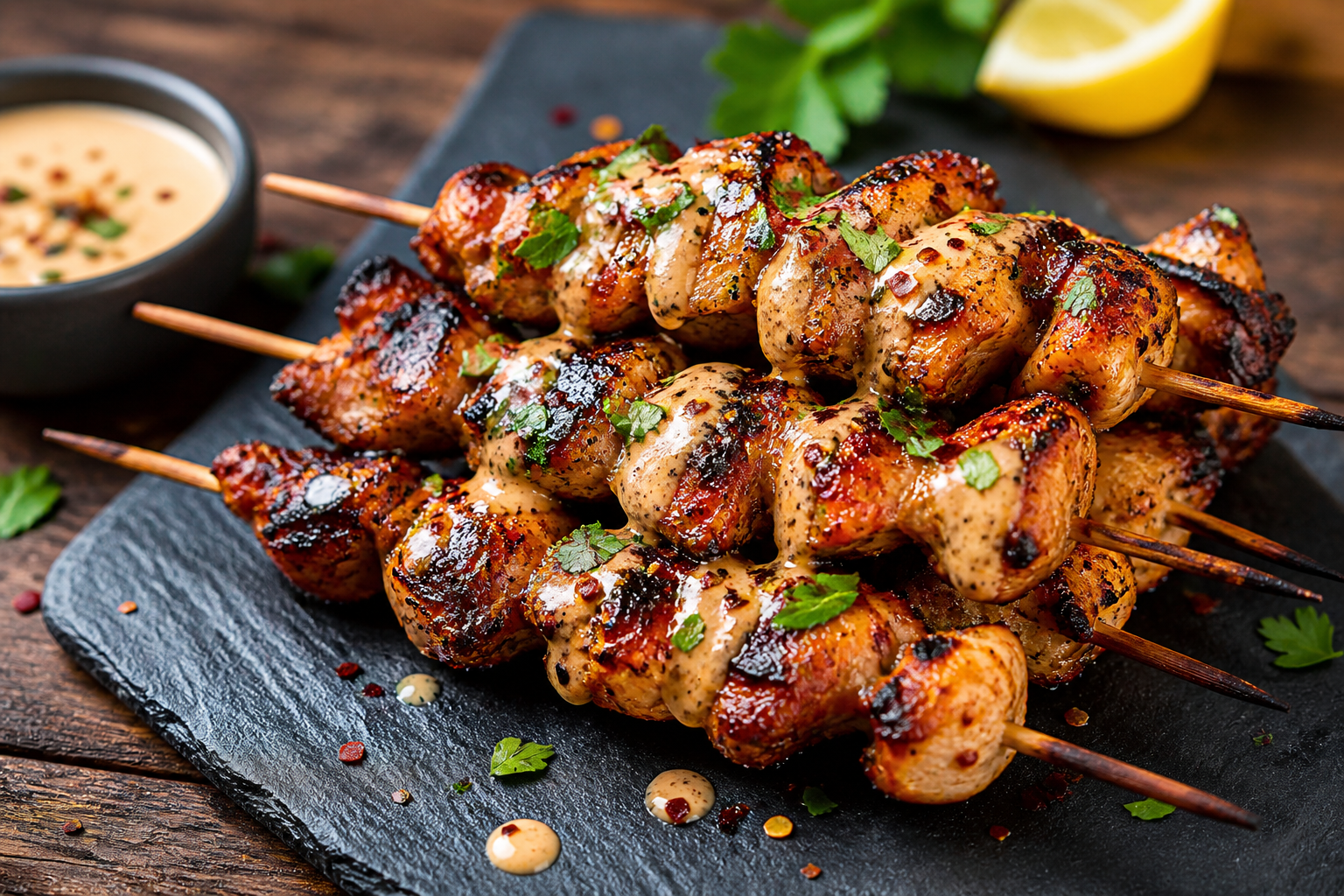 Air fryer bang bang chicken skewers brushed with creamy sweet-spicy sauce and served with extra dip.