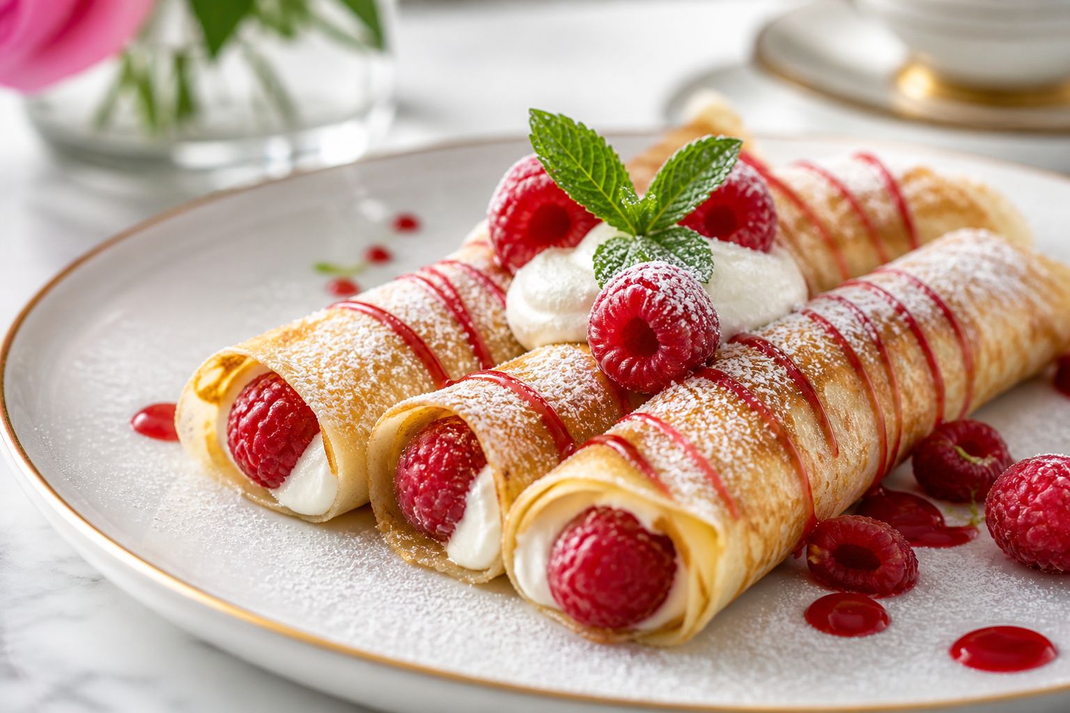 Thin French-inspired crepes filled with whipped vanilla cream and fresh raspberries, finished with powdered sugar