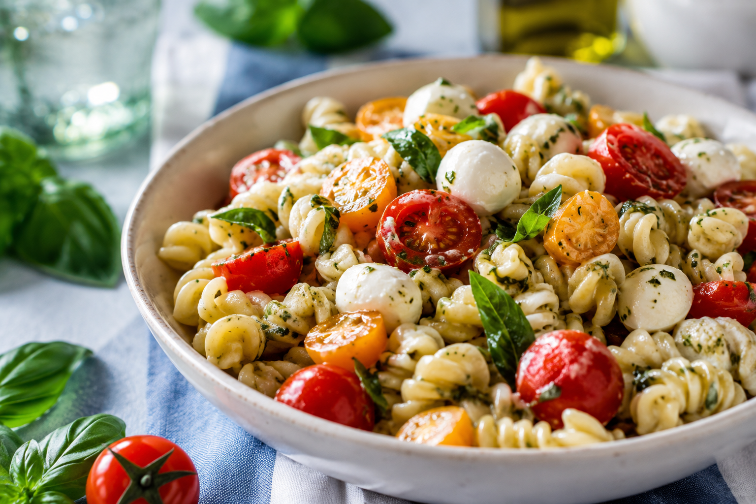 Creamy Caprese Pasta Salad with Fresh Basil, Mozzarella, and Tomatoes