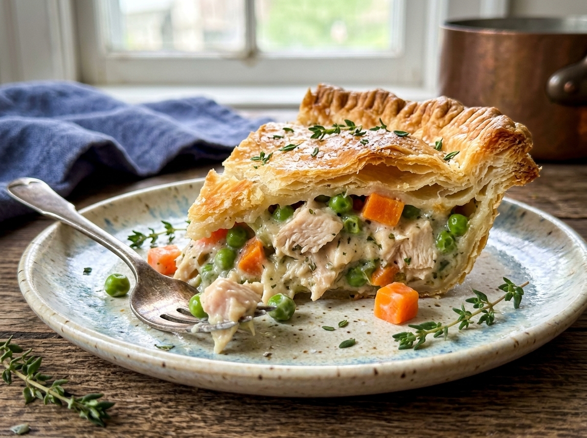 Slice of classic chicken pot pie with creamy chicken, peas, carrots, and flaky golden crust