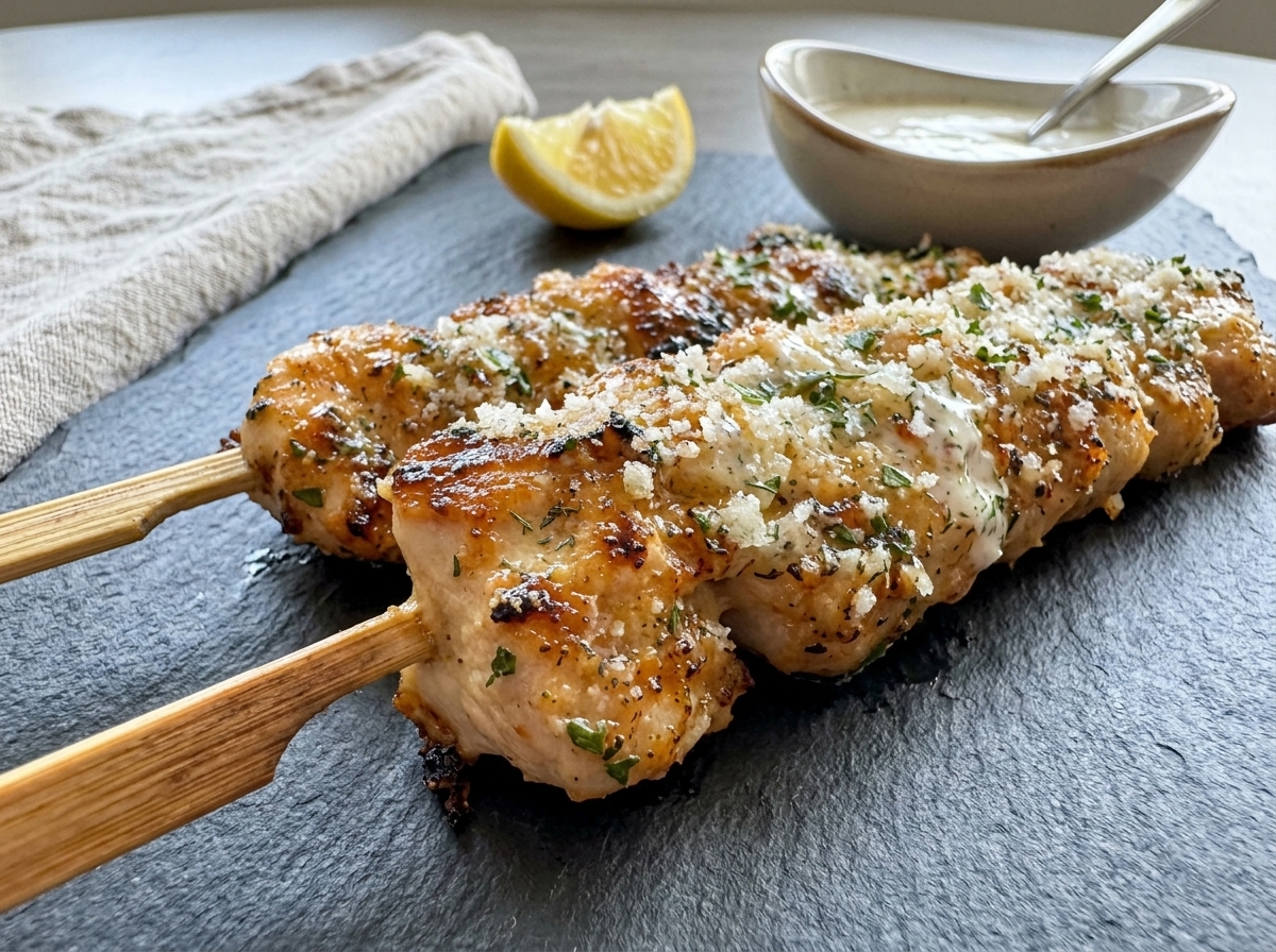Grilled chicken skewers coated in ranch garlic Parmesan marinade and served with parsley and dipping sauce.