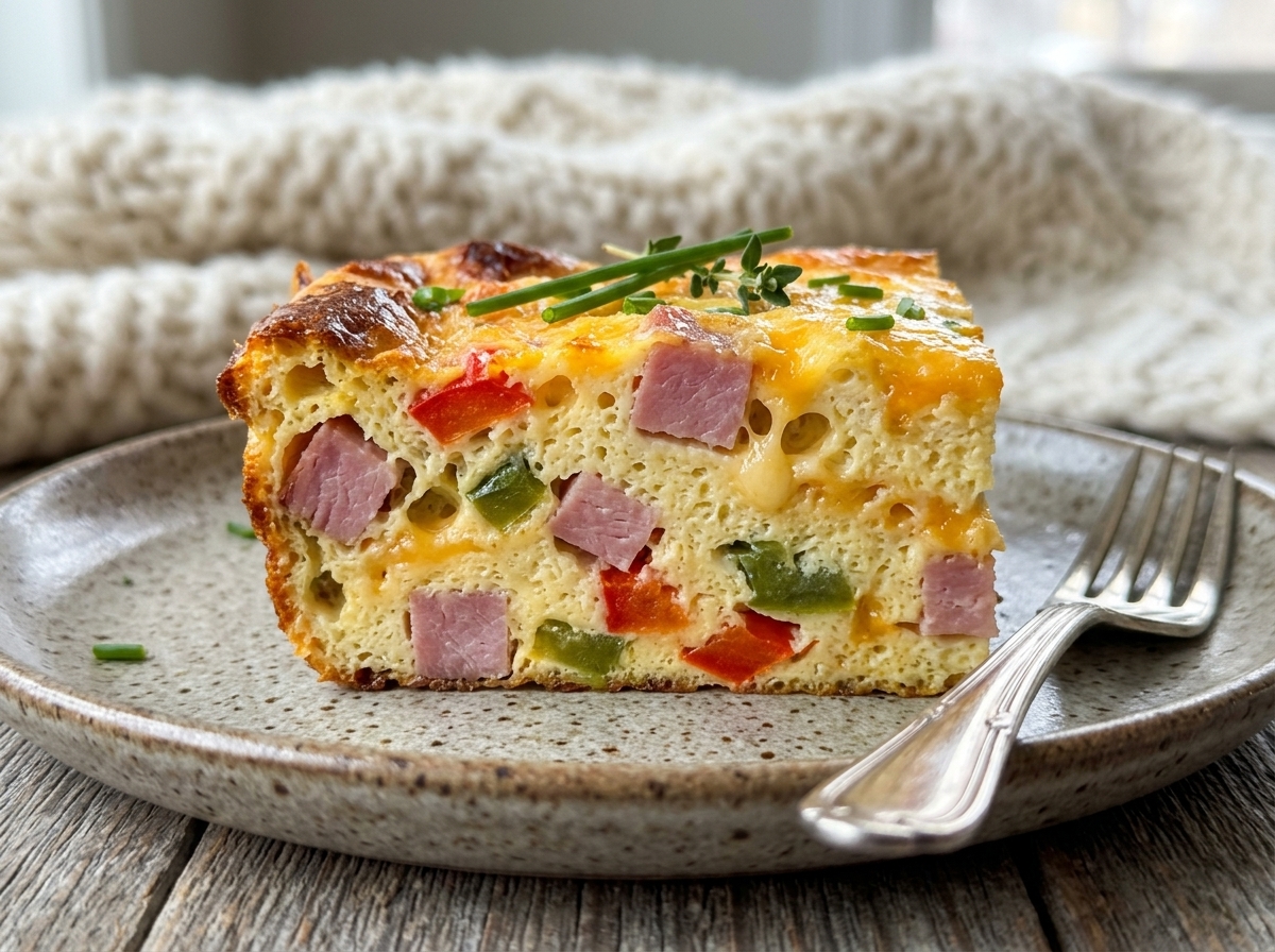 Golden Denver omelet egg bake sliced into squares with ham, bell peppers, onion, cheddar, and fresh herbs on top