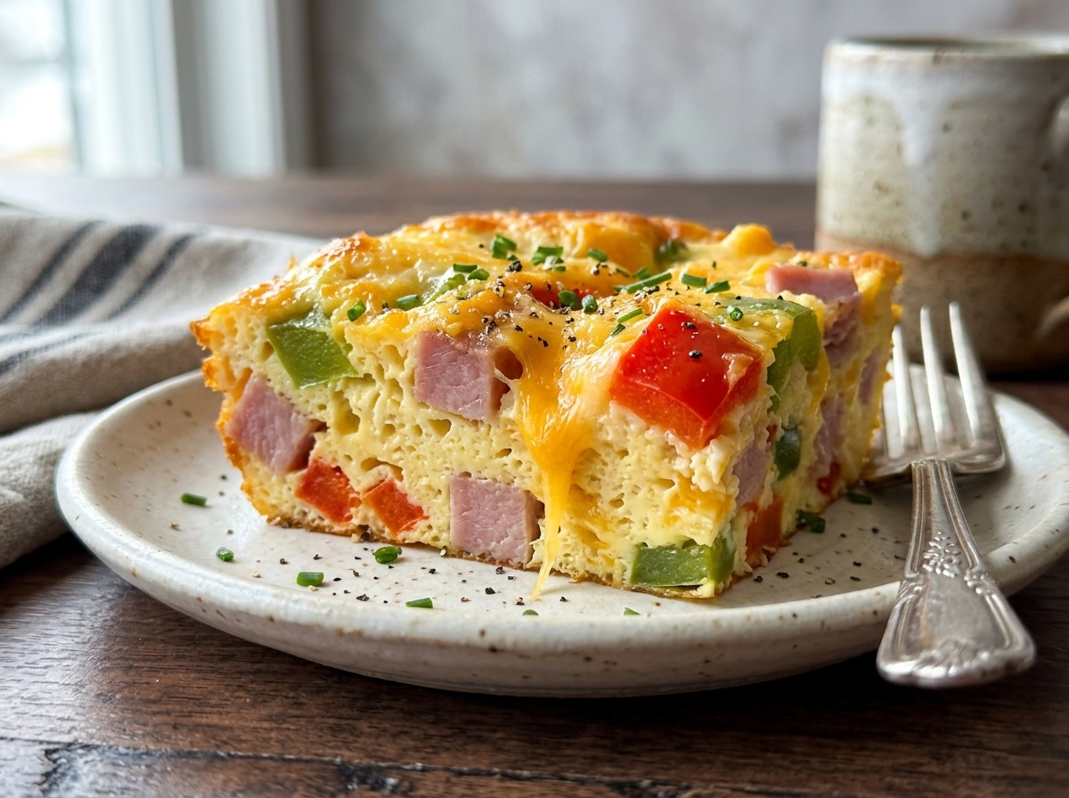 Golden Denver omelet egg bake sliced into squares with ham, bell peppers, onion, cheddar, and fresh herbs on top.