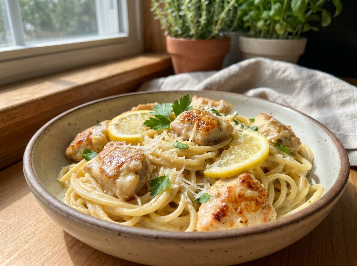 Creamy lemon chicken pasta with tender chicken, parmesan sauce, fresh parsley, and lemon served in a bowl for an easy weeknight dinner.
