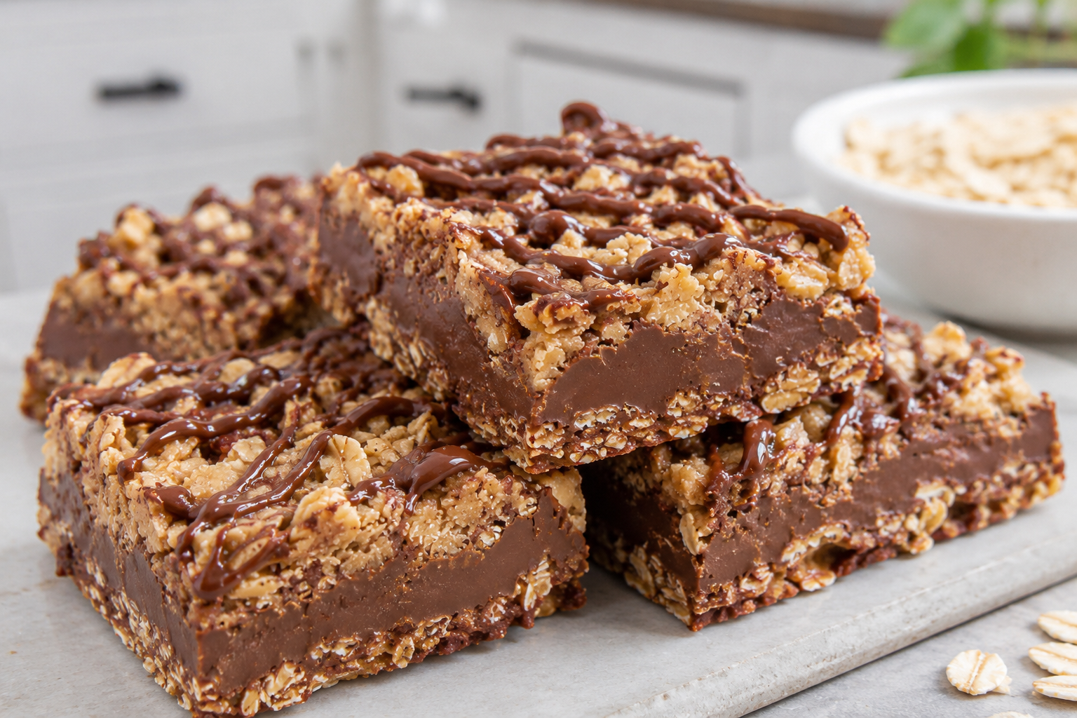 No-bake chocolate oatmeal bars with a chewy oat layer, peanut butter chocolate filling, and chocolate drizzle on top.