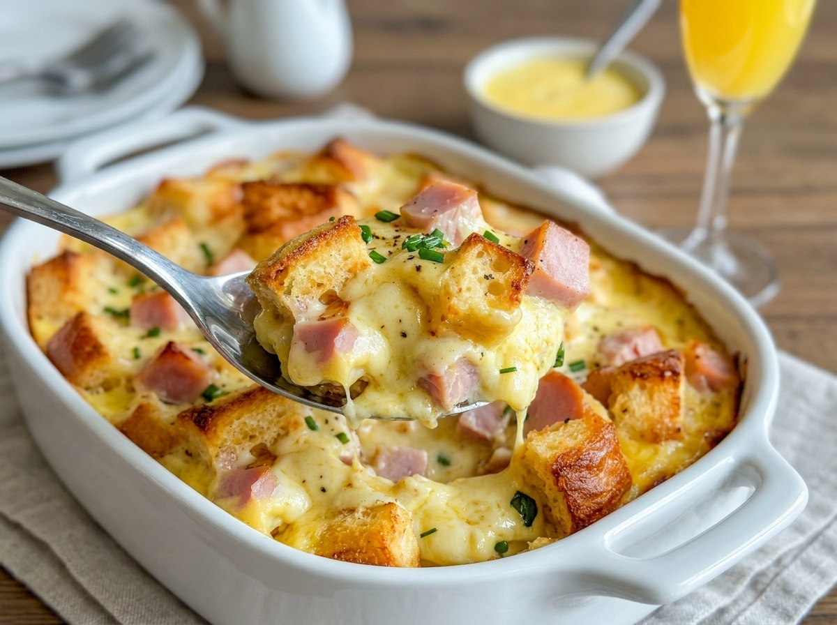 Baked eggs Benedict casserole sliced into squares and topped with warm Hollandaise sauce
