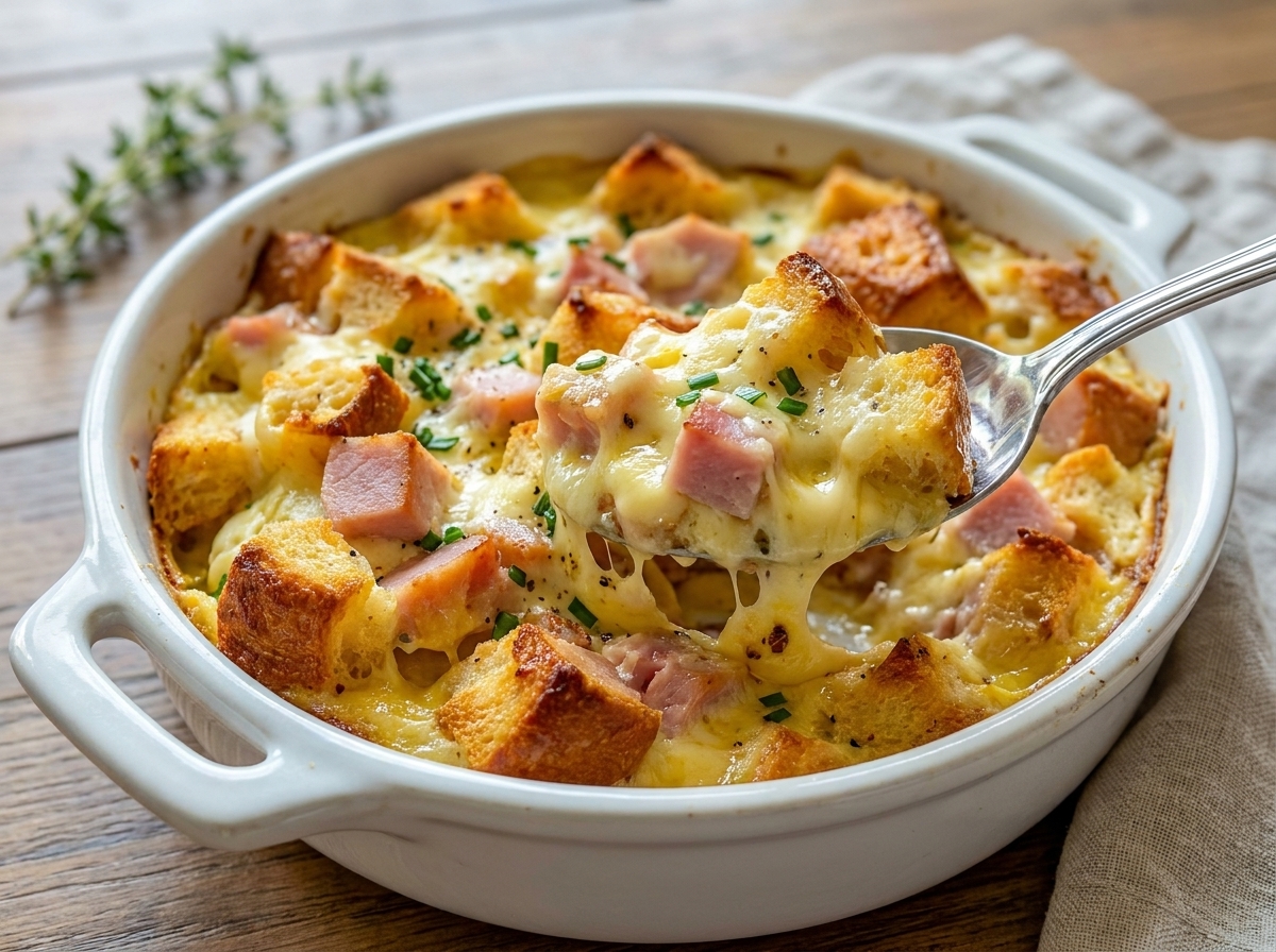 Baked eggs Benedict casserole sliced into squares and topped with warm Hollandaise sauce