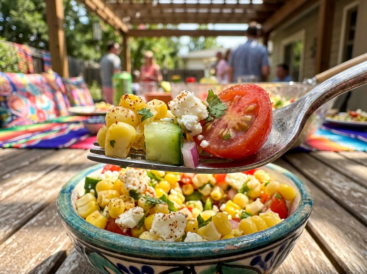 A bowl of fresh corn salad with tomatoes, cucumber, peppers, cilantro, Cotija cheese, and lime dressing
