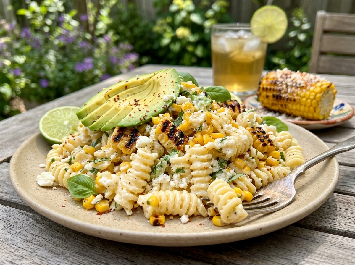 Creamy street corn pasta salad with rotini, charred corn, cotija cheese, avocado, herbs, lime mayo, and chili butter.