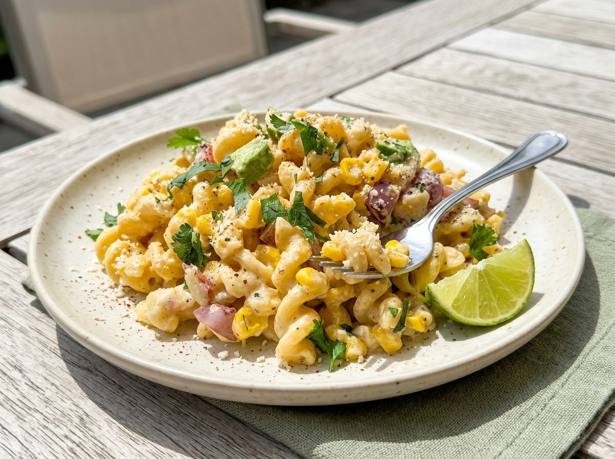 A bowl of creamy Mexican street corn pasta salad with short pasta, corn, cotija cheese, cilantro, and lime-spiced dressing