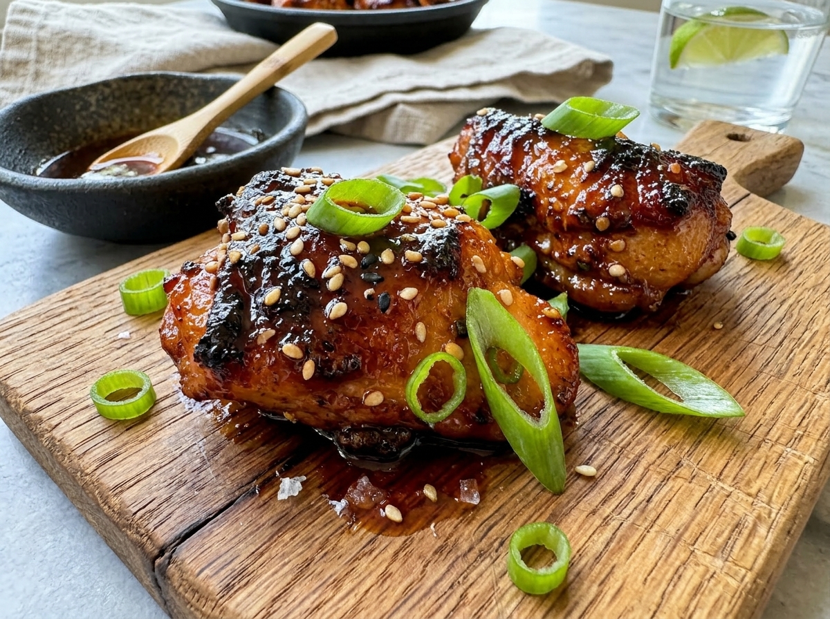 Grilled Korean BBQ chicken thighs topped with chopped green onions and sesame seeds on a serving platter.