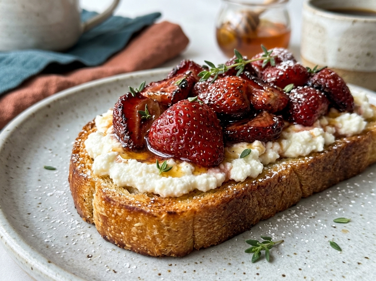 Toasted sourdough topped with whipped ricotta, roasted strawberries, honey, balsamic, and fresh thyme.