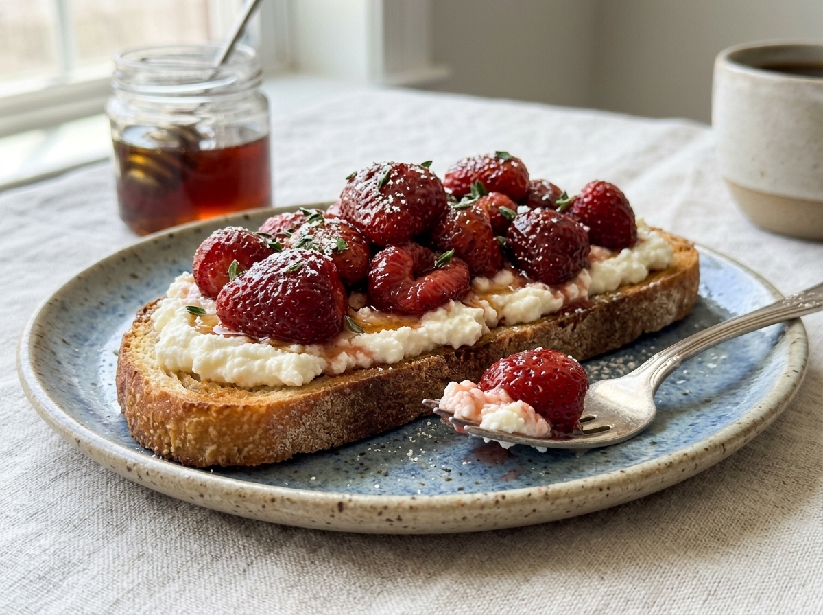 Toasted sourdough topped with whipped ricotta, roasted strawberries, honey, balsamic, and fresh thyme.