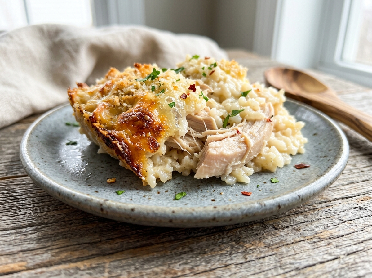 Creamy angel chicken rice casserole baked in a dish with shredded chicken, rice, melted Colby Jack cheese, and a golden panko breadcrumb topping.