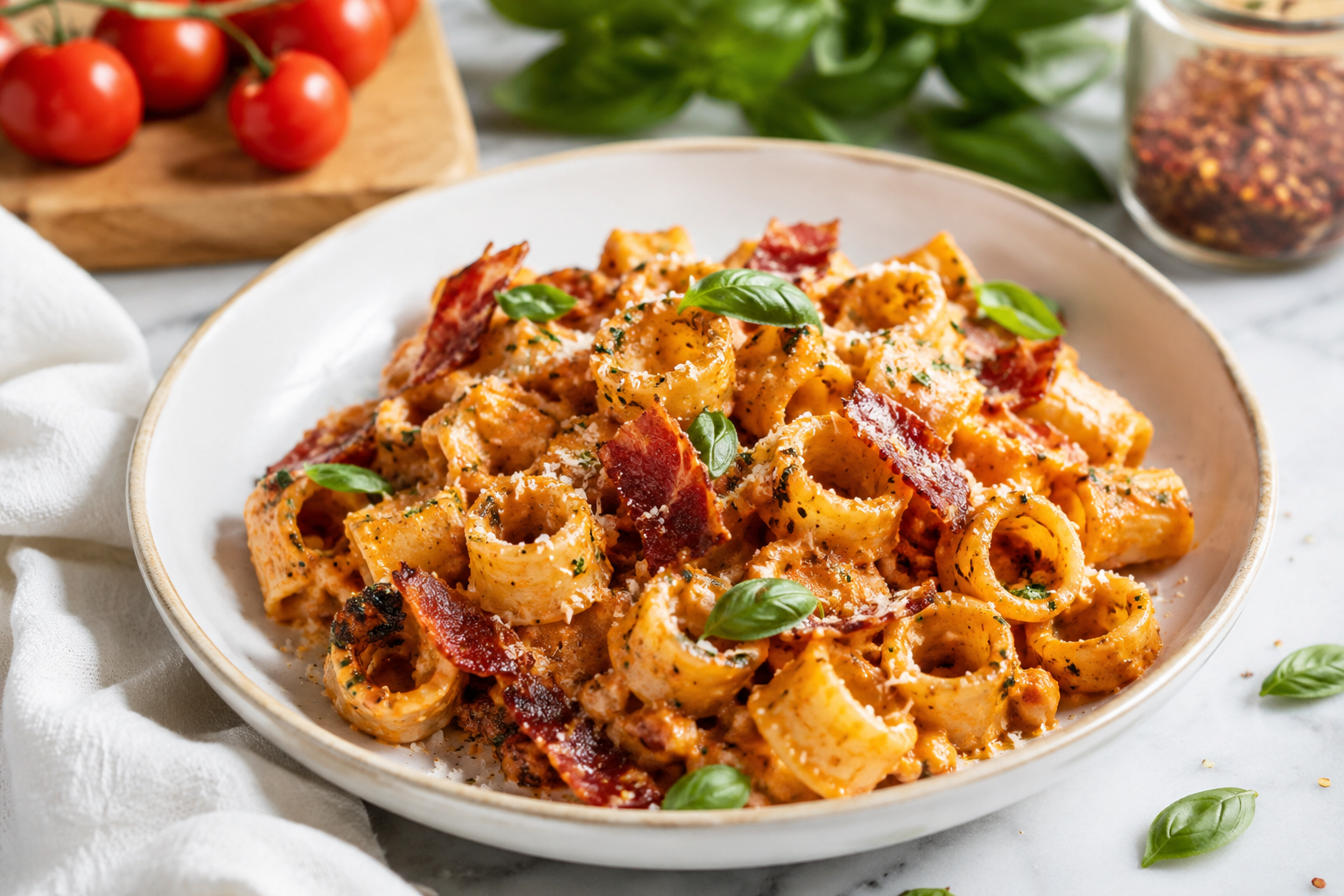 Creamy Italian Tomato Ricotta Pasta with Crispy Prosciutto