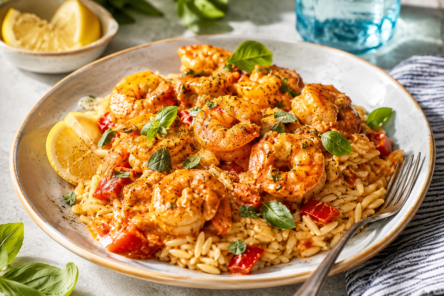 Easy Shrimp and Orzo Skillet with Lemon Basil Butter Sauce